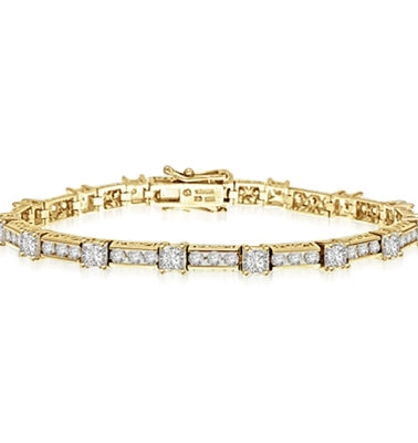 Beautiful Designer Bracelet, with Diamond Essence Princess cut masterpieces linked interestingly with cusp of round accent in ethnic looks. Appx. 7.0 Cts.T. W. in 14k Solid Yellow Gold.