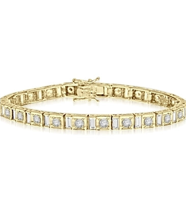 7" long stunning design bracelet with Diamond Essence Emerald cut baguettes and round brilliant Diamond Essence masterpieces set in ethnic setting of 14k Solid Yellow Gold. Appx. 9.0 Cts.T.W.