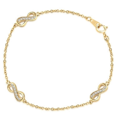 Infinity Bracelet with 0.20 ct. Round Brilliant Diamond Essece Round Stones. 7" Length, 14K Solid Yellow Gold.