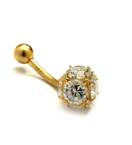 Diamond Essence 14K Solid Gold Belly Button Ring with 3.0 Cts.T.W. Round Brilliant Stones And Screw On Gold Ball.