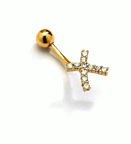 Diamond Essence 14K Solid Gold Belly Button Ring, with 0.25 Ct.T.W. Round Melee And SCREW On Gold Ball.