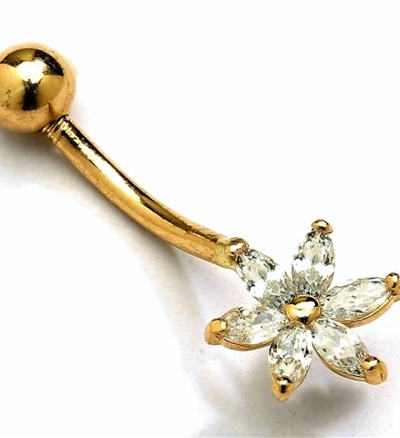Diamond Essence 14K Solid Yellow Gold Belly Button Ring, with Marquise Cut Stone Flower, 1.0 Ct.T.W And Screw On Gold Ball.