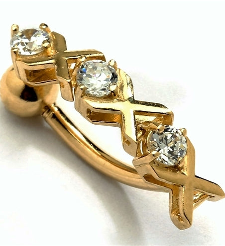 Diamond Essence 14K Solid Gold Belly Button Ring, with 0.45 Ct.T.W. Round Melee set between Gold Cross Bars.