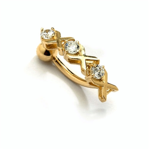 Diamond Essence 14K Solid Gold Belly Button Ring, with 0.45 Ct.T.W. Round Melee set between Gold Cross Bars.
