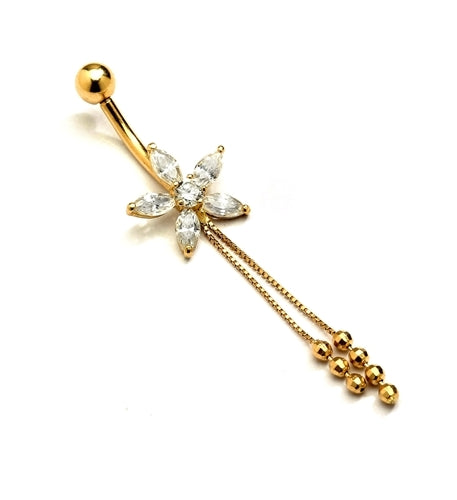 Diamond Essence Designer 14K Solid Yellow Gold Belly Button Ring, with Marquise Floral Arrangement And Delicate Gold Hanging Chain with Screw On Ball.