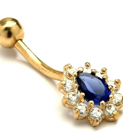 Diamond Essence 14K Solid Gold Belly Button with Sapphire Essence Pear Stone Surrounded By Brilliant Melee. 0.75 Ct.T.W. And Screw On Ball.