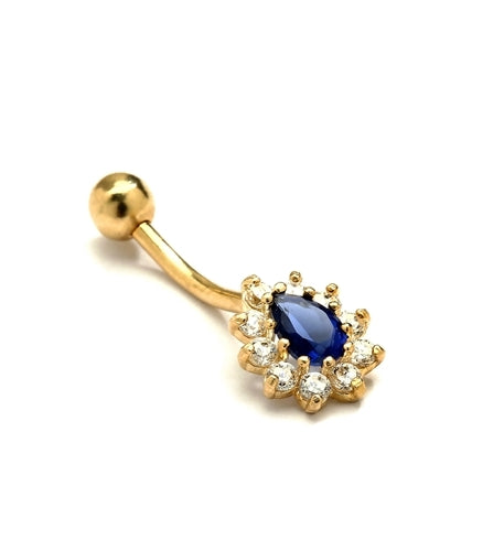 Diamond Essence 14K Solid Gold Belly Button with Sapphire Essence Pear Stone Surrounded By Brilliant Melee. 0.75 Ct.T.W. And Screw On Ball.