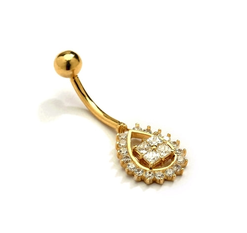 Diamond Essence Designer 14K Solid Gold Belly Button Ring with 0.50 Ct.T.W. Round Melee Set in Pear Shape And Screw on Gold Ball