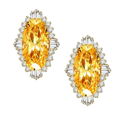 Diamond Essence Earrings in 14k Solid Yellow Gold with Diamond essence 9.0 cts. Canary stone in the center and encircled by round stones and a large spray of baguettes on all four sides. Wear it with confidence. Appx. 21.0 cts. t.w.