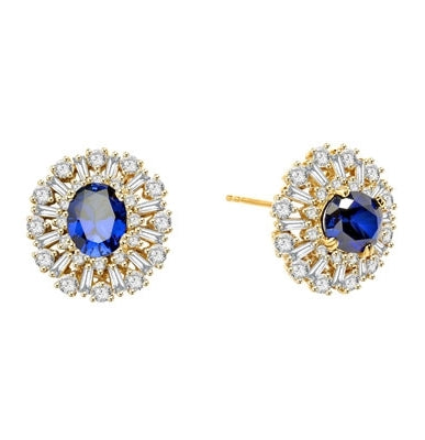 Diamond Essence Designer Earrings with 2.5 carat Oval Sapphire Essence in the center, surrounded by Diamond Essence round stones and baguettes. Appx. 9.0 cts.t.w. Just perfect for all occasions. In 14k Solid Yellow Gold.