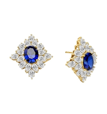 Designer Earrings with 3.5 ct. oval Sapphire Essence set in four prong, and surrounded by pear cut diamond essence stones in floral pattern. 8.5 cts. each earring. 17.00Cts. T.W. set in 14K Solid Yellow Gold.
