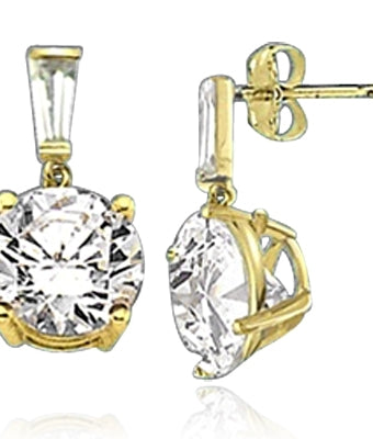 Round stone&dropping baguette solid gold earring