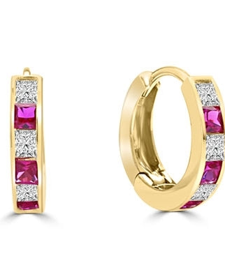 Gold hoop earring with ruby essence diamond.
