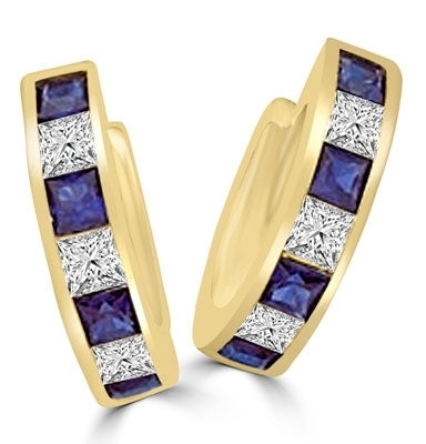 14K Solid Gold hoop Earring with alternate Diamond Essence and Sapphire Essence princess cut stones.