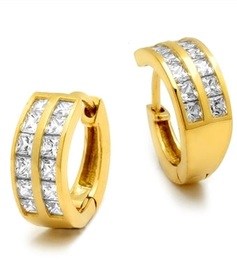 14K Yellow Gold Huggies With Two Row Of Channel Set Princess Cut Diamond Essence Stone, 1.40 Cts.T.W.
