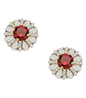 Diamond and Ruby Earring - 2.0 cts. Round Ruby Essence in Center surrounded by Pear Cut Diamond Essence and Melee. 5.5 Cts. T.W. set in 14K Solid Yellow Gold.