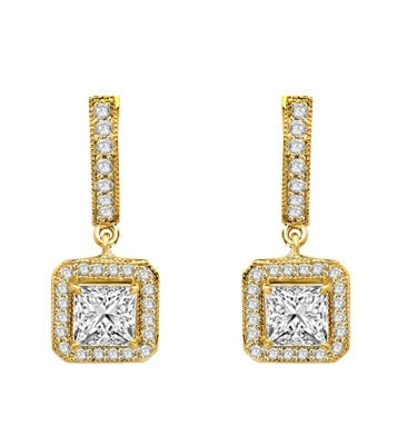 Designer Hoop Earrings with Princess Diamond Essence centerpiece, surrounded by Round Brilliant Melee. 2.25 Cts. T.W. set in 14K solid Yellow Gold.