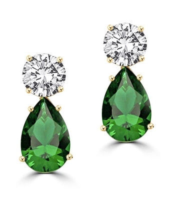 Best Selling Tear Drop Diamond Essence Earrings - White Brilliant Round Stone is 2 Ct and Emerald Pear Stone is 5 Ct. A Brilliant Sparkle of 14 Cts. T.W. for the pair of earrings! In 14k Solid Yellow Gold.