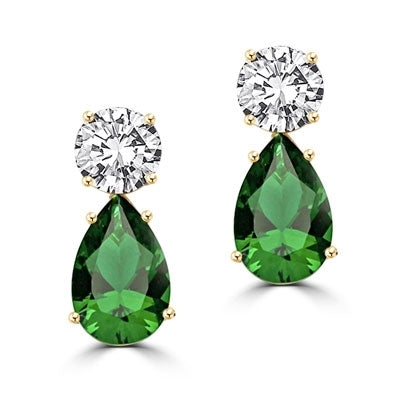 Best Selling Tear Drop Diamond Essence Earrings - White Brilliant Round Stone is 2 Ct and Emerald Pear Stone is 5 Ct. A Brilliant Sparkle of 14 Cts. T.W. for the pair of earrings! In 14k Solid Yellow Gold.
