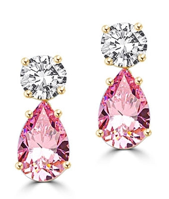 Best Selling Tear Drop Diamond Essence Earrings - White Brilliant Round Stone is 2 Ct and Pink Essence Pear Stone is 5 Ct. A Brilliant Sparkle of 14 Cts. T.W. for the pair of earrings! In 14K Solid Yellow Gold.