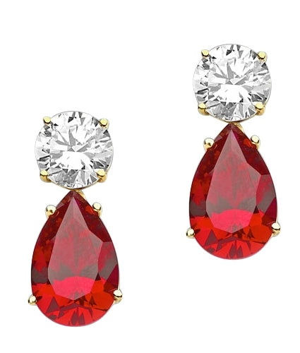 Prong Set Tear Drop Earrings with Artificial Pear Shape Ruby and Round Brilliant Diamonds by Diamond Essence set in 14K Yellow Gold