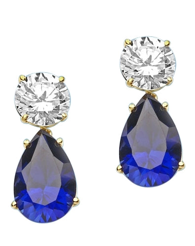 Diamond Essence Earrings, 5.0 Cts. each Pear cut Sapphire Essence dropping off from 2.0 Cts. each Round Diamond Essence Studs, 14.0 Cts. T.W. set in 14K Solid Yellow Gold.