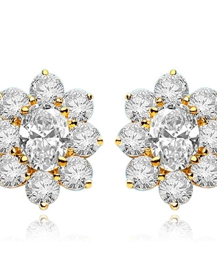 Flower Cluster - Each Earring with 1.0 Cts. Oval Center surrounded by Round Diamond Essence, 4.0 Cts. T.W. set in 14k Solid Yellow Gold.