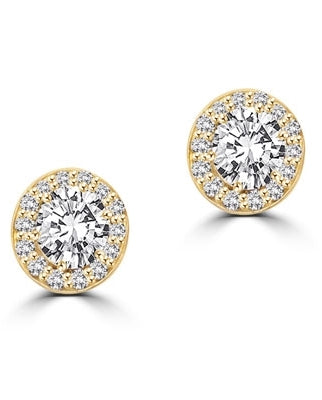 Mini marvelous pair of six-prong set designer earrings with 2.25 Cts. each simulated oval cut center Diamond with round brilliant melee by Diamond Essence set in 14K solid yellow gold. 5.50 Cts.t.w.