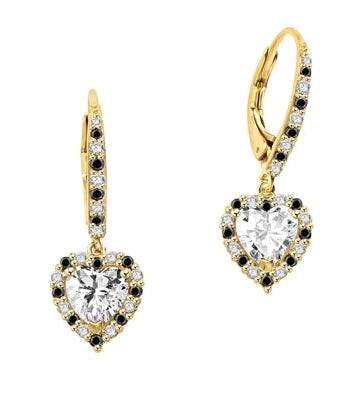 Diamond Essence leverback earrings, 1.0 Ct. each, Heart shape Diamond Essence surrounded by alternately set Onyx and Diamond Essence Melee, which flows on leverback also for additional sparkle. 4.0 Cts. T.W. set in 14K Solid Yellow Gold.