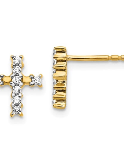 Cross Earrings with Round Brilliant Diamonds Set in 14K Solid Yellow Gold