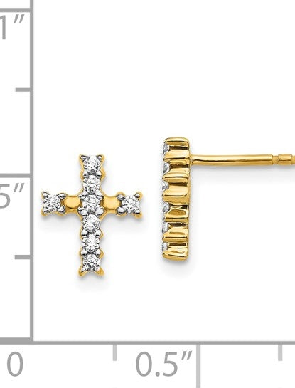 Cross Earrings with Round Brilliant Diamonds Set in 14K Solid Yellow Gold