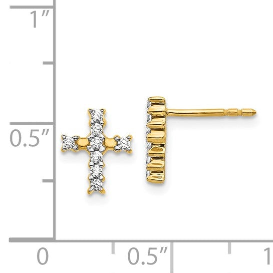 Cross Earrings with Round Brilliant Diamonds Set in 14K Solid Yellow Gold