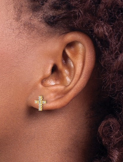 Cross Earrings with Round Brilliant Diamonds Set in 14K Solid Yellow Gold
