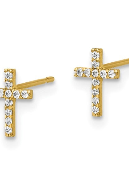 Prong Set Round Brilliant Diamond Essence stones set in 14K Solid Gold Cross Earrings