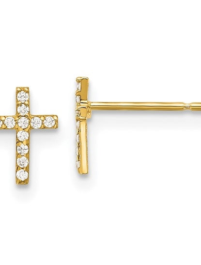 Prong Set Round Brilliant Diamond Essence stones set in 14K Solid Gold Cross Earrings