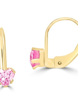 Leverback Earrings with Heart shaped Pink Essence set in five prong 14k Solid Yellow Gold setting, 0.5 Cts. T.W.