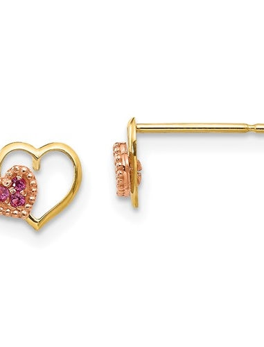 Children's Heart shape Earrings with Round cut Ruby Essence set in heart shape, 0.06 Cts. T.W. set in 14k Solid Yellow Gold.