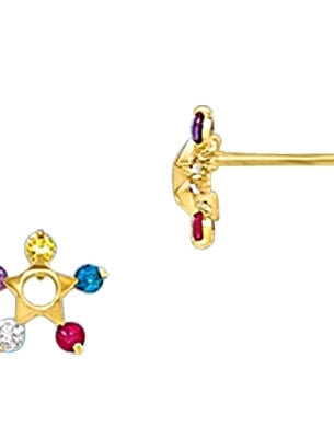 Prong Set Star Earring with Simulated Multi-Color Diamonds by Diamond Essence set in 14K Solid Yellow Gold