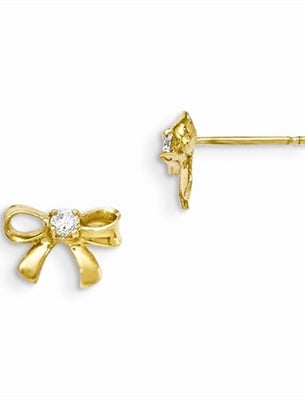 Bow Earrings with Round Brilliant Diamond Essence, 0.12 Cts. T.W. set in 14k Solid Yellow Gold, Perfect gift for little Princesses.