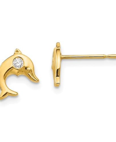 Diamond Essence Dolphin Earrings with 0.10 ct each Round Brilliant stone in each, 0.20 cts t,w. set in 14K Solid Yellow Gold.