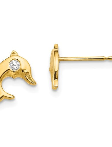 Diamond Essence Dolphin Earrings with 0.10 ct each Round Brilliant stone in each, 0.20 cts t,w. set in 14K Solid Yellow Gold.