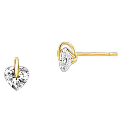 Tension Set Stud Earrings with Simulated Heart Shape Diamond by Diamond Essence set in 14K Solid Yellow Gold