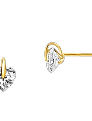 Tension Set Stud Earrings with Simulated Heart Shape Diamond by Diamond Essence set in 14K Solid Yellow Gold