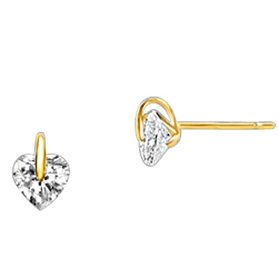 Tension Set Stud Earrings with Simulated Heart Shape Diamond by Diamond Essence set in 14K Solid Yellow Gold