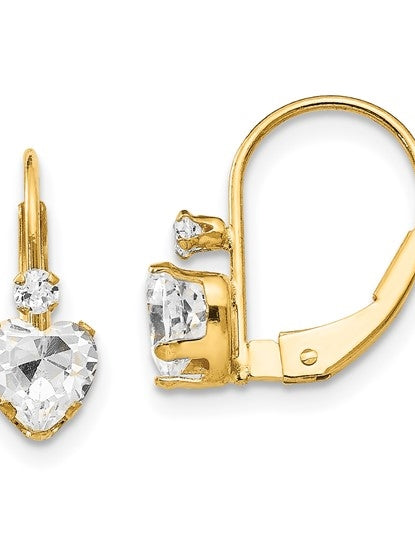 Leverback Gold Earrings with Heart and Round Stone