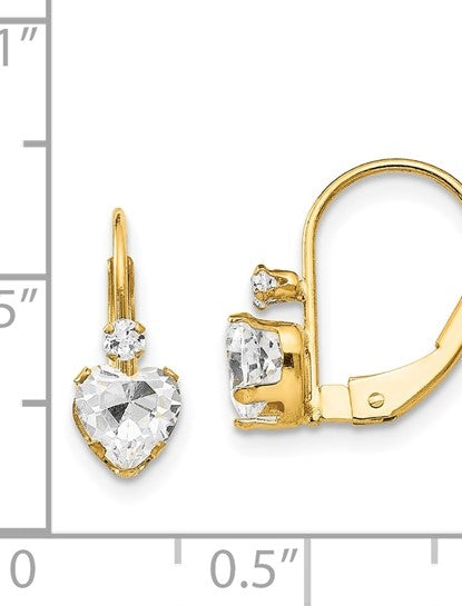 Leverback Gold Earrings with Heart and Round Stone