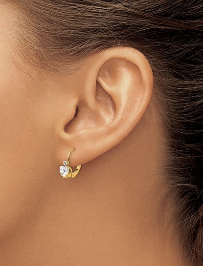 Leverback Gold Earrings with Heart and Round Stone
