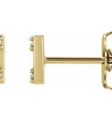 14K Solid Gold Bar earrings, 0.03 cts.t.w. Diamond Essence Round Brilliant Stones in four prong setting. Good for little shine on ears everyday. Wear it as primary earring or add on to second pierce.