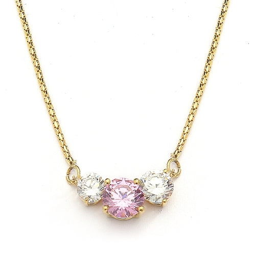Pink Essence stone accompanied by Diamond Essence stones on each side to make delicate but stunning looking necklace. 14K Solid Gold. 4.0 cts. T.W. on 16 inch yellow Gold Chain.