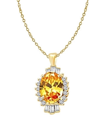 Diamond Essence Pendant in Gold Vermeil with 10 cts. Oval Canary in center. Round Essence and Baguettes on either side, set in prong settings, makes it a designer wear. 13.0 cts.t.w.